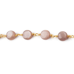 8mm Peach & Chocolate Moonstone puffy coin Vermeil Chain by the foot 23 beads (ONLINE ORDER ONLY)