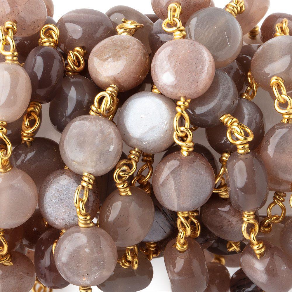 8mm Peach & Chocolate Moonstone puffy coin Vermeil Chain by the foot 23 beads (ONLINE ORDER ONLY)