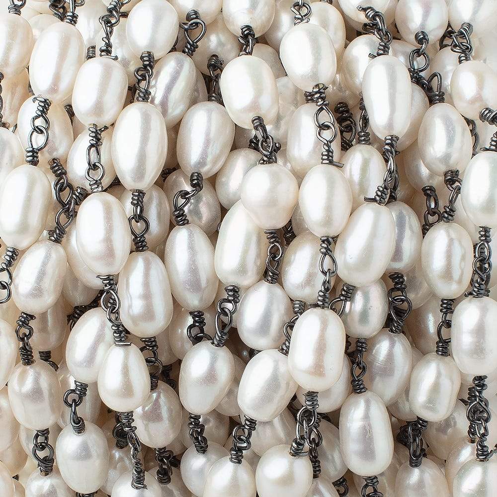 8x6-11x6mm White Oval Pearls on Black Gold .925 Chain by the Foot 18 pieces (ONLINE ORDER ONLY)