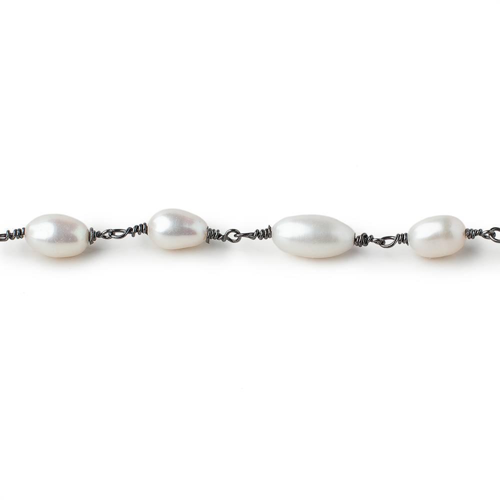 8x6-11x6mm White Oval Pearls on Black Gold .925 Chain by the Foot 18 pieces (ONLINE ORDER ONLY)