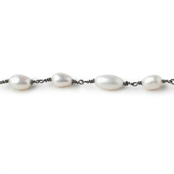 8x6-11x6mm White Oval Pearls on Black Gold .925 Chain by the Foot 18 pieces (ONLINE ORDER ONLY)