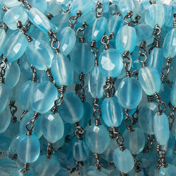 8x6mm Blue Chalcedony faceted Oval Black Gold Chain by the foot 23 pieces