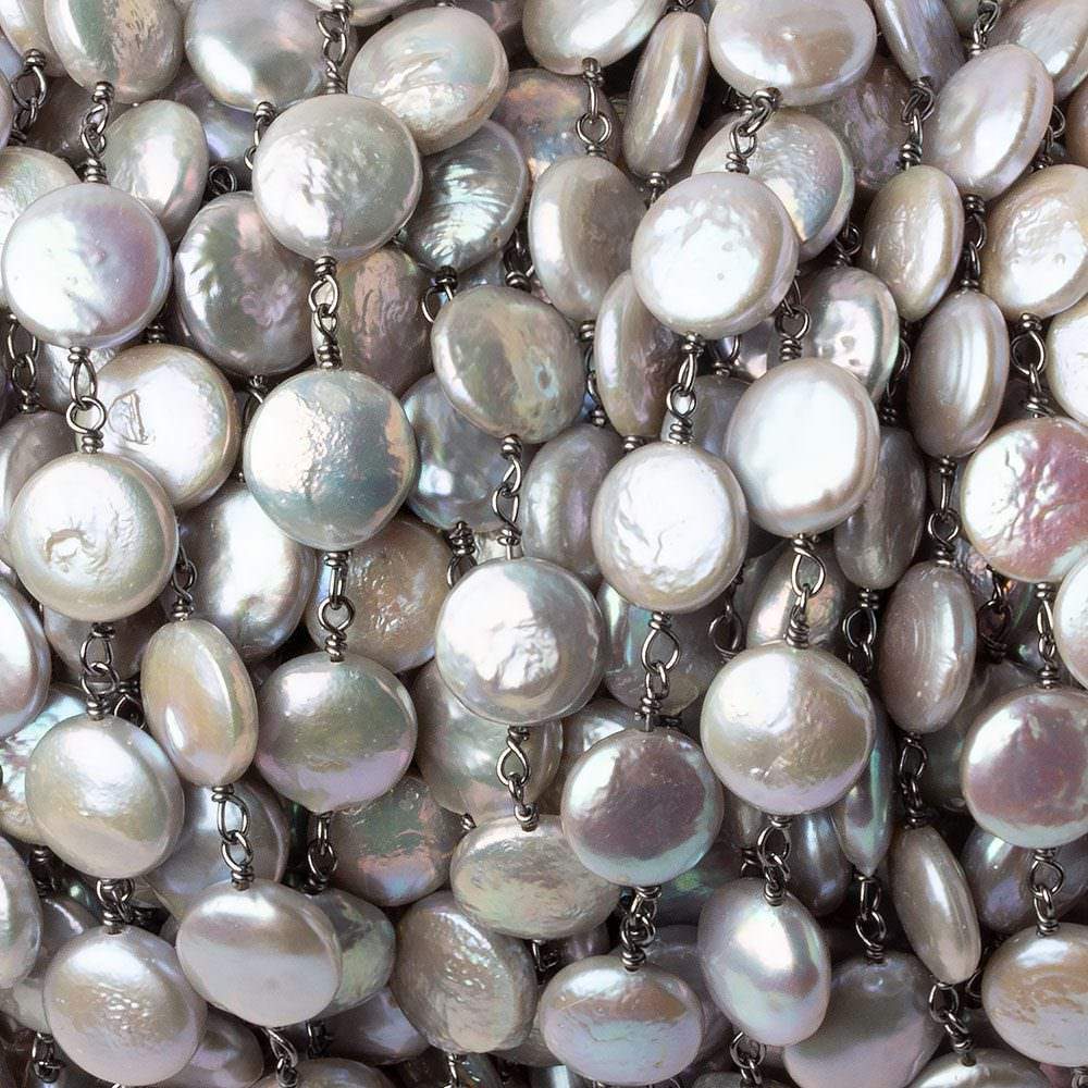 9-9.5mm Silver iridescent Coin Pearl Black Gold .925 Chain (ONLINE ORDER ONLY)