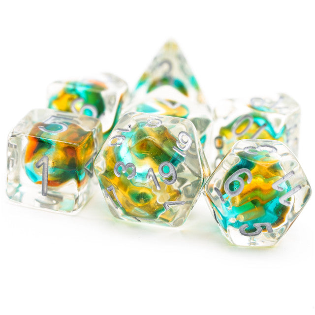 Teal & Orange Colorful Glass Bead Dice 7-Dice Set Resin (Online Only)