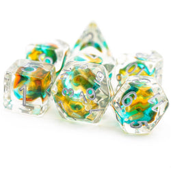 Teal & Orange Colorful Glass Bead Dice 7-Dice Set Resin (Online Only)