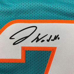 Framed Facsimile Autographed Jaylen Waddle 35x39 Miami Teal Reprint Laser Auto Football Jersey (ONLINE ORDER ONLY)