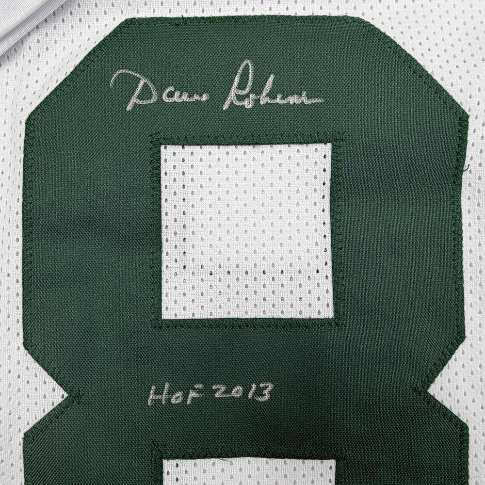 Framed Autographed/Signed Dave Robinson 35x39 HOF 13 Green Bay White Football Jersey JSA COA