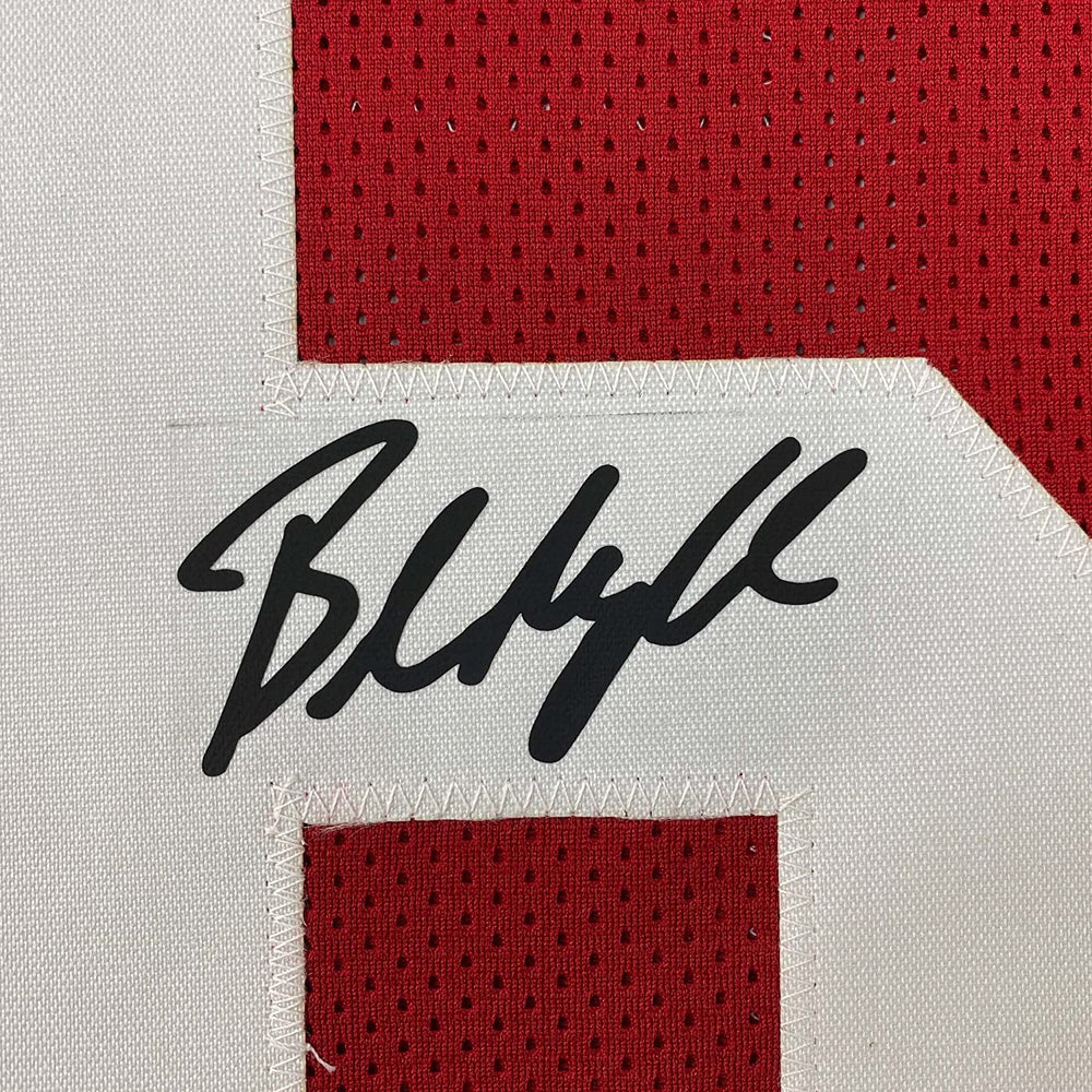 Framed Facsimile Autographed Baker Mayfield 35x39 Oklahoma Red Reprint Laser Auto College Football Jersey Size Men's XL (ONLINE ORDER ONLY)