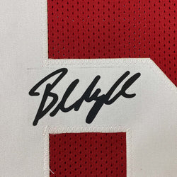Framed Facsimile Autographed Baker Mayfield 35x39 Oklahoma Red Reprint Laser Auto College Football Jersey Size Men's XL (ONLINE ORDER ONLY)