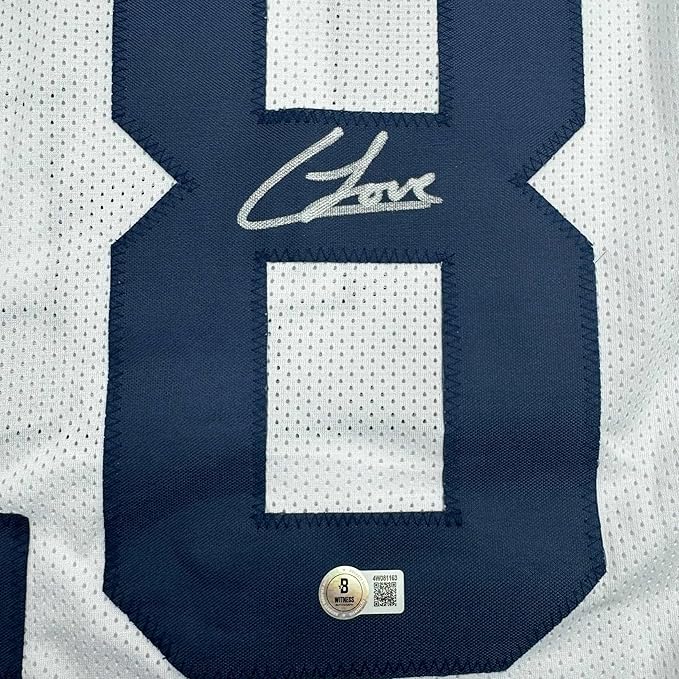 Framed Autographed/Signed Colston Loveland 35x39 Michigan White College Football Jersey Beckett BAS COA