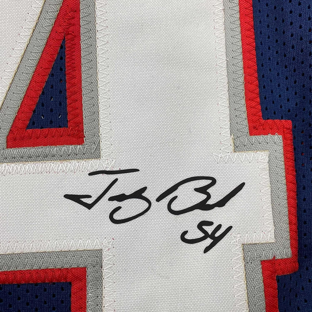 Framed Facsimile Autographed Tedy Bruschi 35x39 New England Blue Reprint Laser Auto Football Jersey (ONLINE ORDER ONLY)