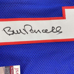 Framed Autographed/Signed Bill Parcells 35x39 New York Blue Stat Football Jersey JSA COA