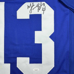 Framed Autographed/Signed Mike Vanderjagt 35x39 Indianapolis Blue Football Jersey JSA COA