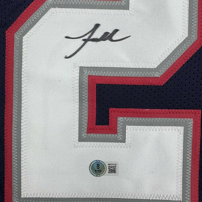 Framed Autographed/Signed Jaylinn Hawkins 35x39 New England Blue Football Jersey Beckett BAS COA