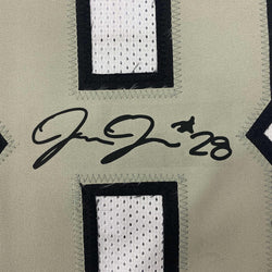 Framed Facsimile Autographed Josh Jacobs 35x39 Oakland Las Vegas Color Rush White Reprint Laser Auto Football Jersey (ONLINE ORDER ONLY)