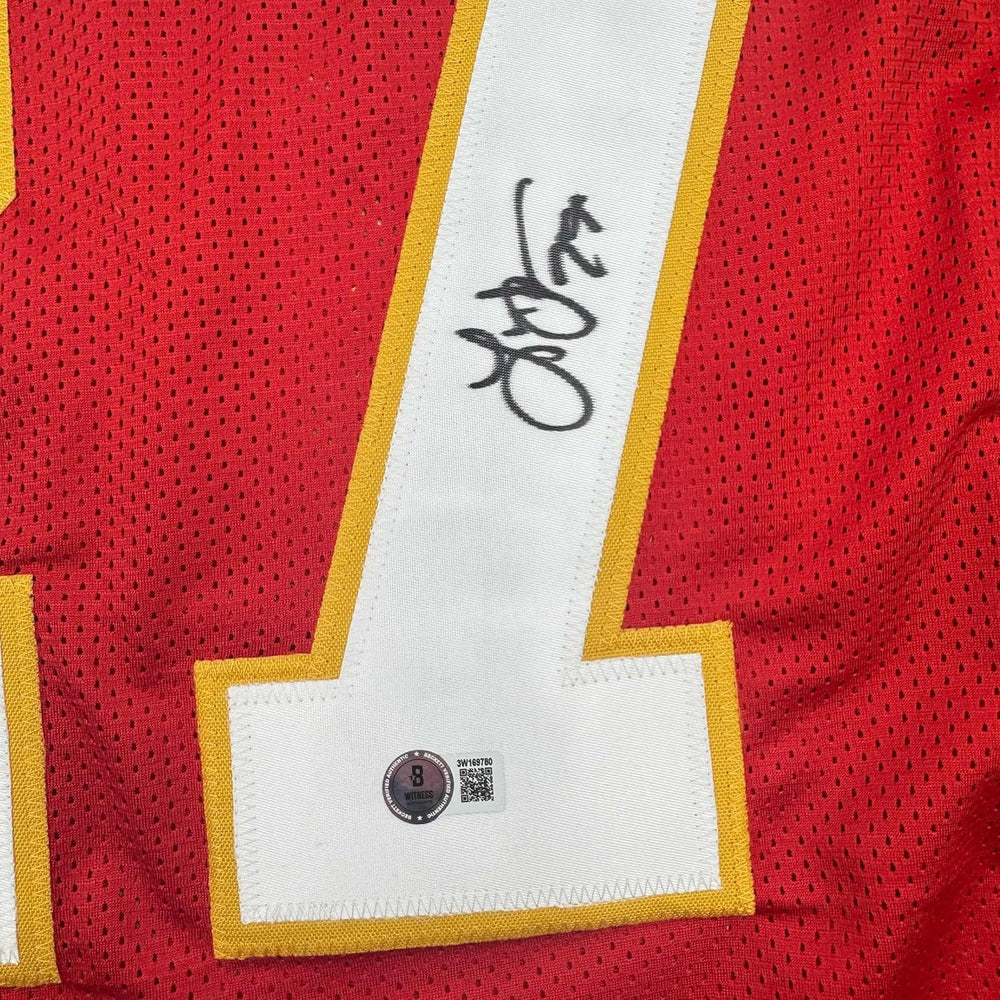 Framed Autographed/Signed Larry Johnson 35x39 Kansas City Red Football Jersey Beckett BAS COA