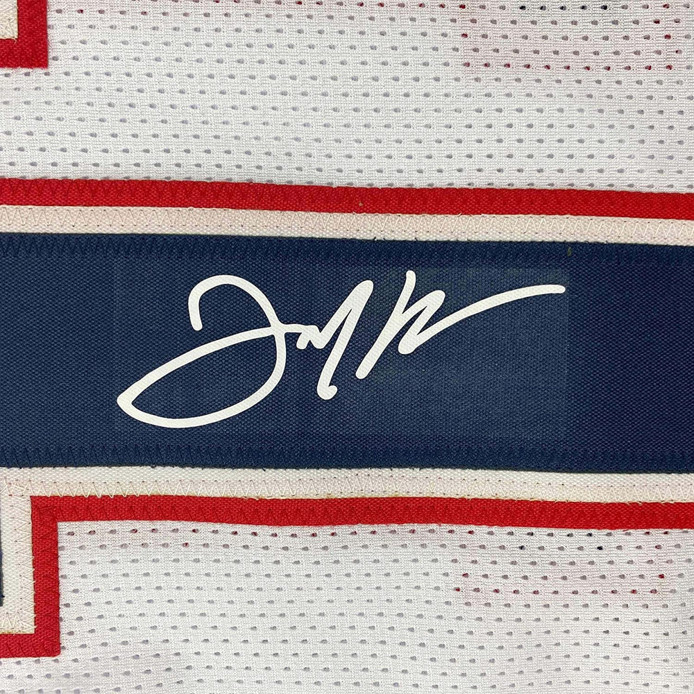 Framed Facsimile Autographed Julian Edelman 35x39 New England White Reprint Laser Auto Football Jersey (ONLINE ORDER ONLY)