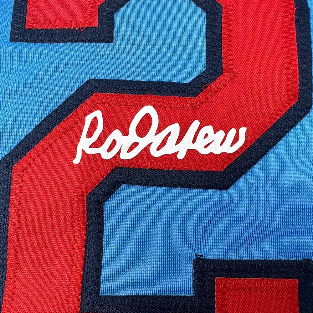 Framed Facsimile Autographed Rod Carew 35x39 Minnesota Blue Reprint Laser Auto Baseball Jersey (ONLINE ORDER ONLY)