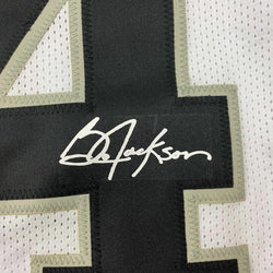 Framed Facsimile Autographed Bo Jackson 35x39 Oakland Las Vegas White Reprint Laser Auto Football Jersey (ONLINE ORDER ONLY)