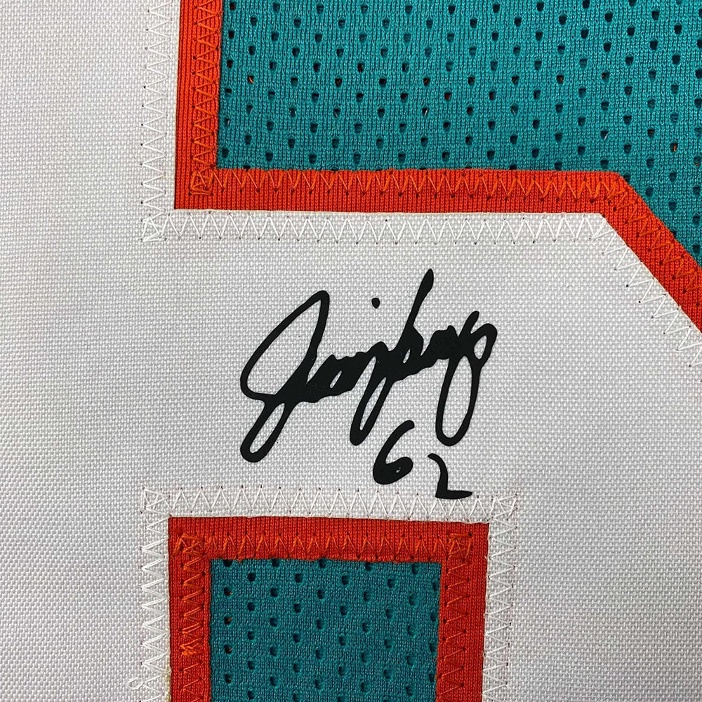 Framed Facsimile Autographed Jim Langer 35x39 Miami Teal Reprint Laser Auto Football Jersey (ONLINE ORDER ONLY)