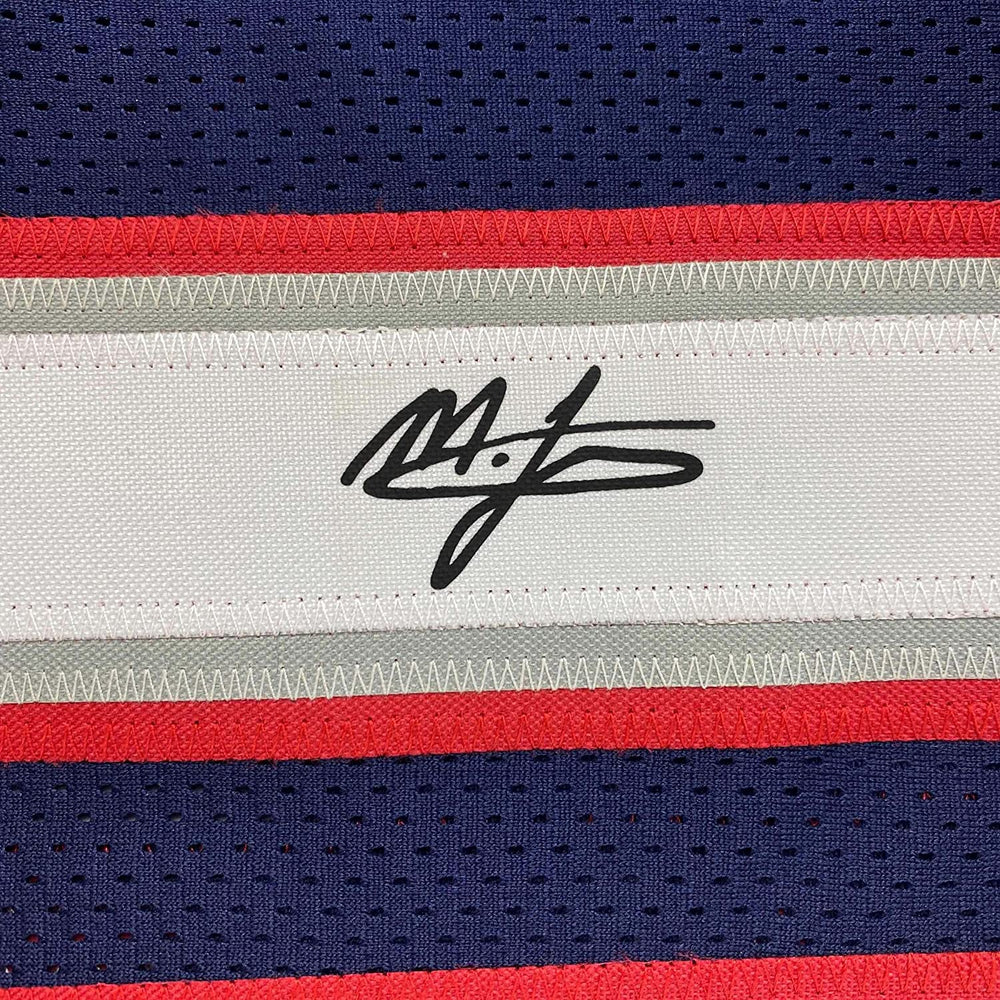 Framed Facsimile Autographed Mac Jones 35x39 New England Blue Reprint Laser Auto Football Jersey (ONLINE ORDER ONLY)
