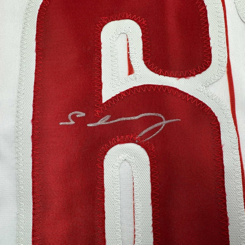 Framed Autographed/Signed Cristopher Sanchez 35x39 Philadelphia Pinstripe Baseball Jersey Beckett BAS COA