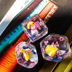 Yellow Mushroom Dice Clear Blue Flower w/Pink Numbers 7-Dice Set Rpg (Online Only)