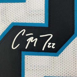 Framed Facsimile Autographed Christian McCaffrey 35x39 Carolina White Reprint Laser Auto Football Jersey (ONLINE ORDER ONLY)