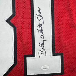 Framed Autographed/Signed Billy White Shoes Johnson 35x39 Atlanta Red Football Jersey JSA COA
