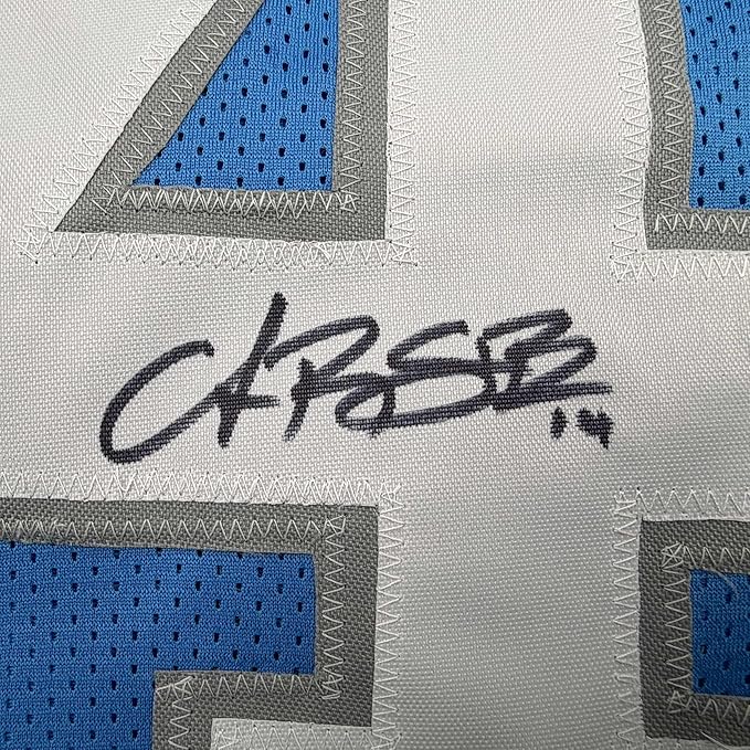 Framed Autographed/Signed Amon-Ra St. Brown 35x39 Detroit Current Blue Football Jersey Beckett BAS COA