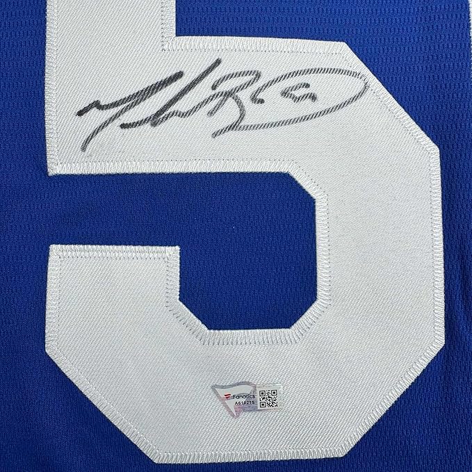 Framed Autographed/Signed Mookie Betts 35x39 Los Angeles LA Blue Baseball Jersey Fanatics COA