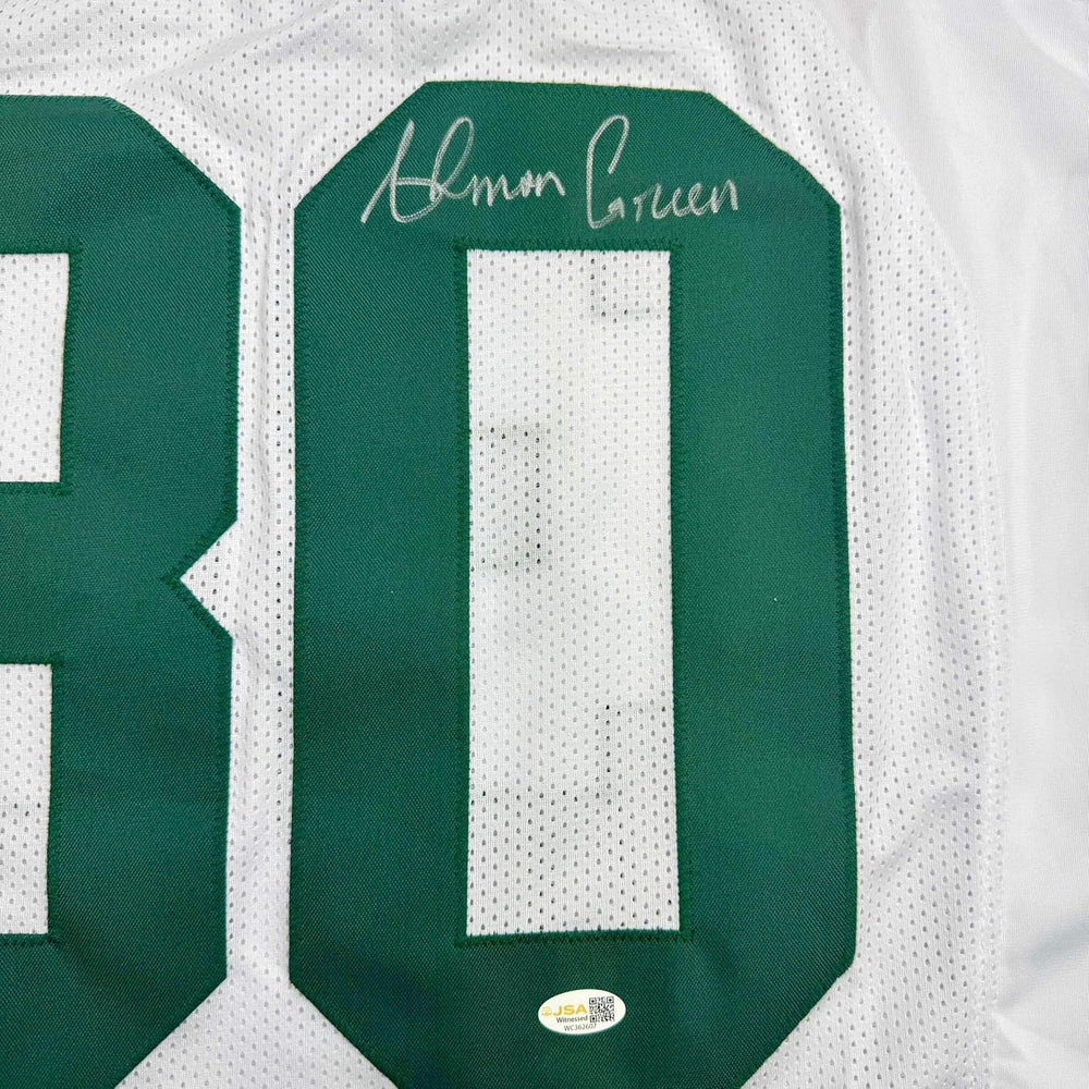 Framed Autographed/Signed Ahman Green 35x39 Green Bay White Football Jersey JSA COA