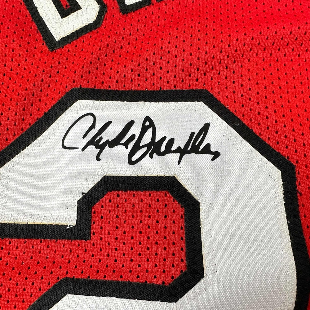 Framed Facsimile Autographed Clyde Drexler 35x39 Portland Red Reprint Laser Auto Basketball Jersey (ONLINE ORDER ONLY)