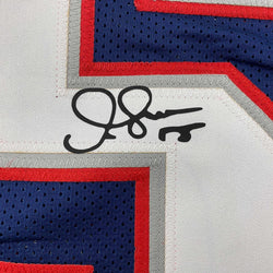 Framed Facsimile Autographed Junior Seau 35x39 New England Blue Reprint Laser Auto Football Jersey (ONLINE ORDER ONLY)
