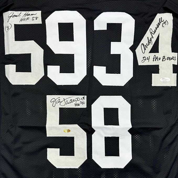 Framed Autographed/Signed Jack Ham, Jack Lambert, and Andy Russell Inscribed "24 Pro Bowls", "HOF 88" & "HOF 90" 35x39 Pittsburgh Black Football Jersey JSA COA