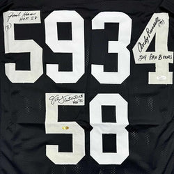 Framed Autographed/Signed Jack Ham, Jack Lambert, and Andy Russell Inscribed "24 Pro Bowls", "HOF 88" & "HOF 90" 35x39 Pittsburgh Black Football Jersey JSA COA