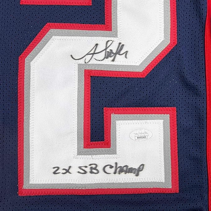 Framed Autographed/Signed Antowain Smith 35x39 2x SB Champ New England Blue Football Jersey JSA COA