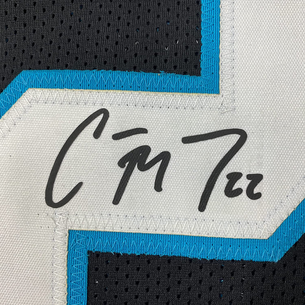 Framed Facsimile Autographed Christian McCaffrey 35x39 Carolina Black Reprint Laser Auto Football Jersey Size Men's XL (ONLINE ORDER ONLY)