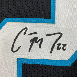 Framed Facsimile Autographed Christian McCaffrey 35x39 Carolina Black Reprint Laser Auto Football Jersey Size Men's XL (ONLINE ORDER ONLY)