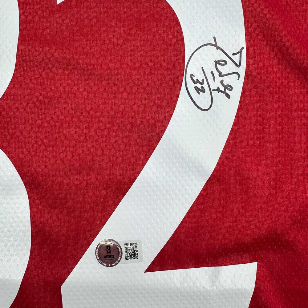Framed Autographed/Signed Carlos Tevez 35x39 Manchester United Red Soccer Jersey Beckett BAS COA