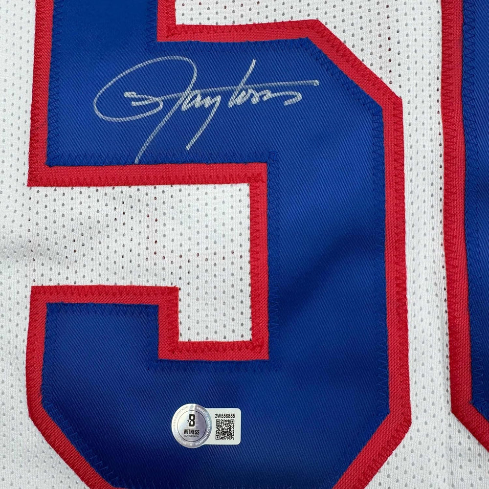 Framed Autographed/Signed Lawrence Taylor 35x39 New York White Stat Football Jersey Beckett BAS COA
