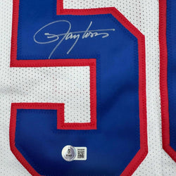 Framed Autographed/Signed Lawrence Taylor 35x39 New York White Stat Football Jersey Beckett BAS COA