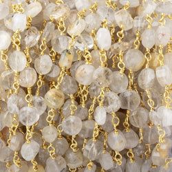 5-6mm Rutilated Quartz faceted coin Gold plated Chain by the foot 25 pieces (ONLINE ORDER ONLY)