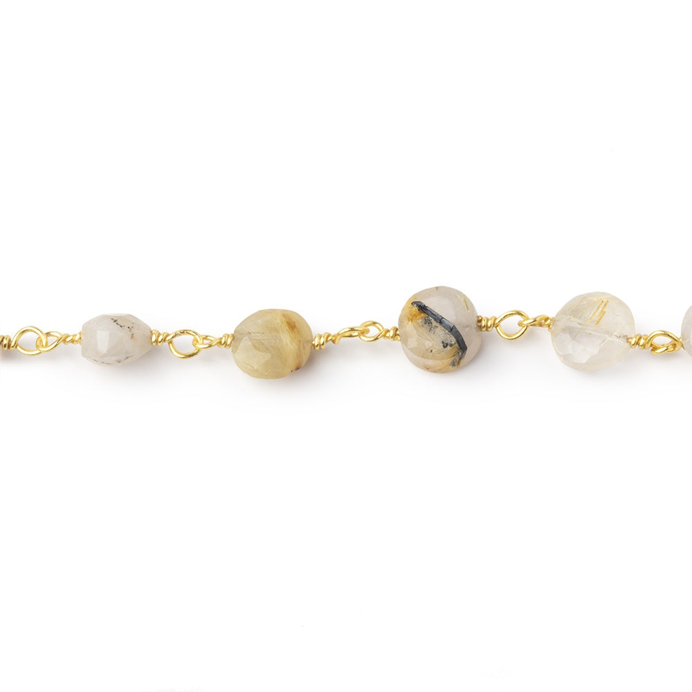 5-6mm Rutilated Quartz faceted coin Gold plated Chain by the foot 25 pieces (ONLINE ORDER ONLY)