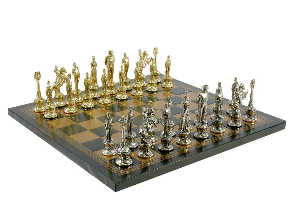 Chess Set- Napoleon Character Metal Men on Gold/Black Leather Chess Board (ONLINE ORDER ONLY)
