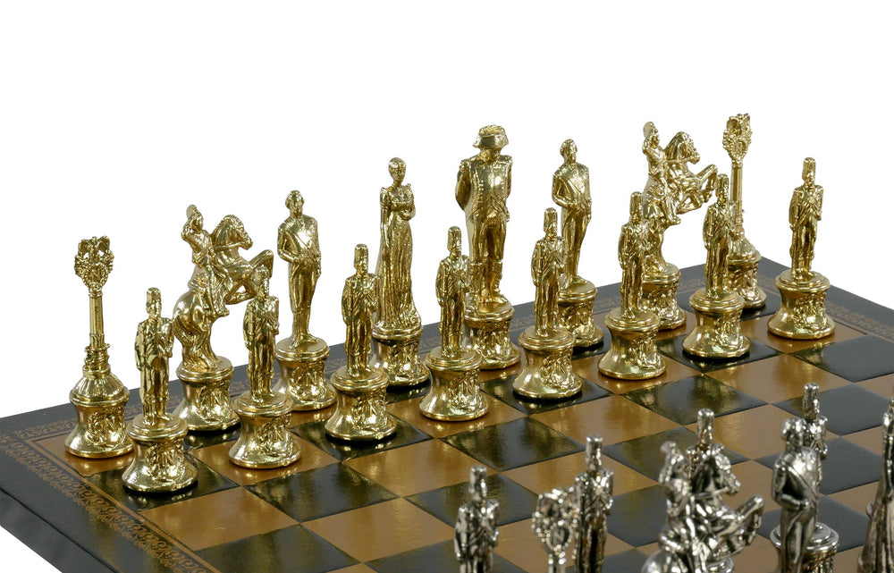 Chess Set- Napoleon Character Metal Men on Gold/Black Leather Chess Board (ONLINE ORDER ONLY)