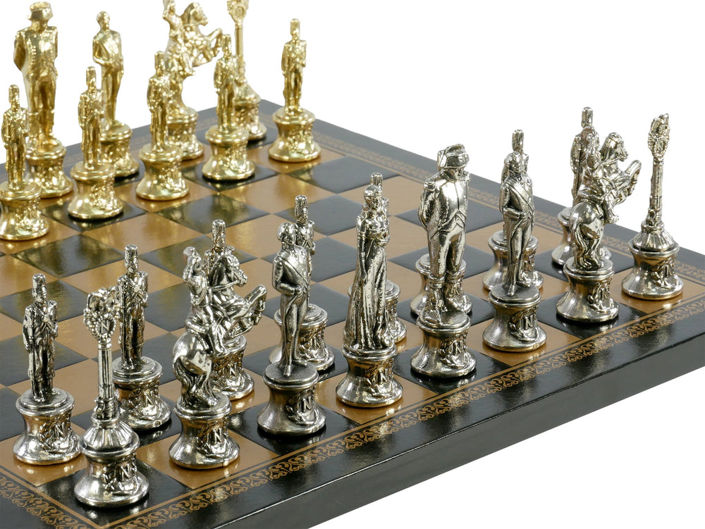 Chess Set- Napoleon Character Metal Men on Gold/Black Leather Chess Board (ONLINE ORDER ONLY)