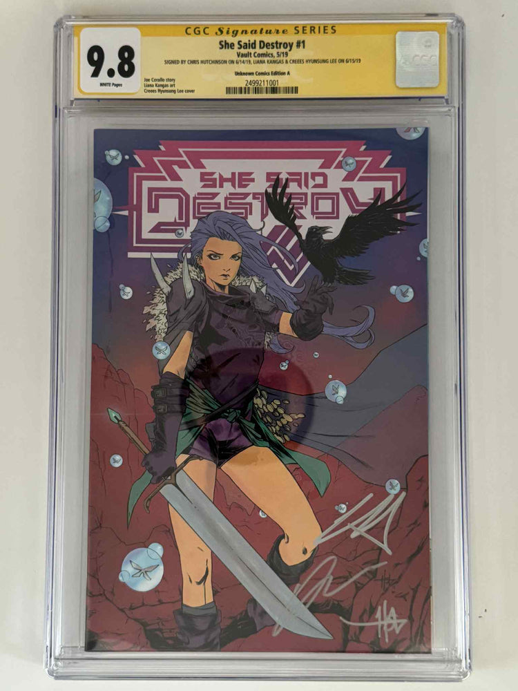[Triple Signed by Chris Hutchinson | Liana Kangas | Creees Hyunsung Lee] She Said Destroy #1 CGC 9.8 Yellow Label Creees Exclusive Var (ONLINE ORDER ONLY)