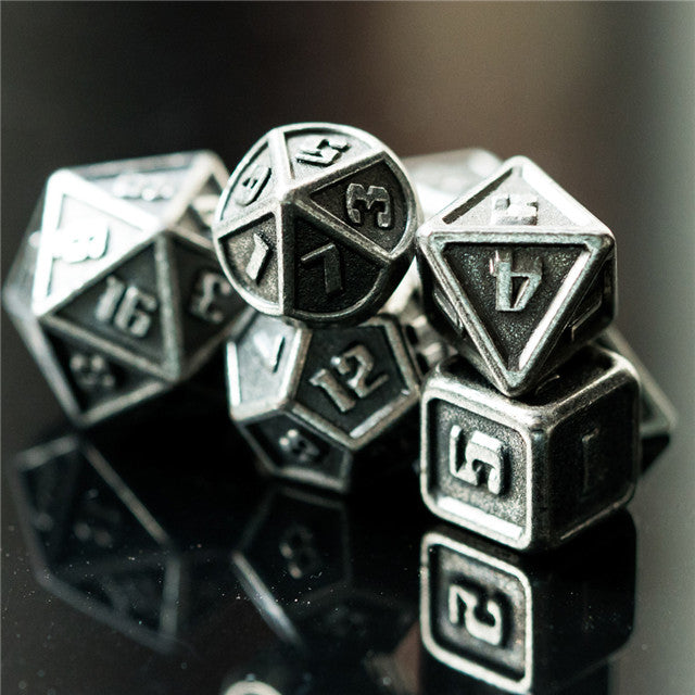 Silver Mini Metal Dice Ancient Effect | (10mm to 15mm) 7-Dice Udixi RPG (Online Only)