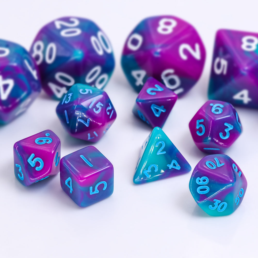 Teal Purple Blend 7-Dice Mini-Dice RPG Set w/Blue Numbers Miniature Dice (Online Only)